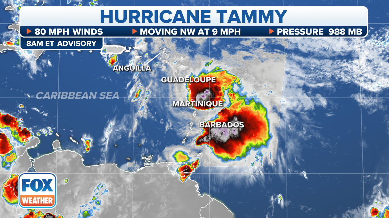 Hurricane Tammy moving through islands of eastern Caribbean with flooding rain, gusty winds